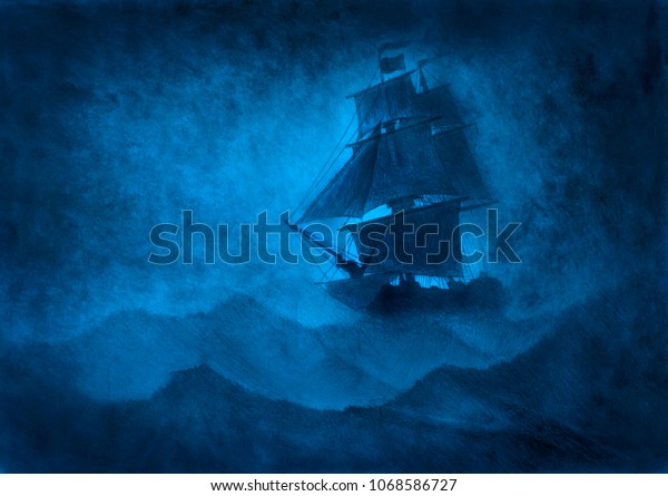 lonely sailing ship in a\
storm
