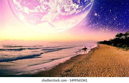 Lonely surfer walking on the ocean shore of an alien planet - digital  artwork. Elements of this image furnished by NASA - Powered by Shutterstock