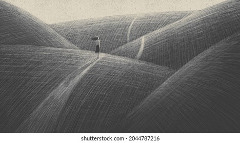 Lonely Woman Losted In Surreal Landscape. Loneliness Depression Way Mystery And Sadness Concept Art. Conceptual Drawing, Minimal Design Illustration