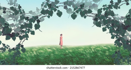 Lonely Woman In Meadow. Concept Idea Of Loneliness, Solitude, Alone. People In Nature. Painting 3d Illustration.