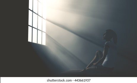 Lonely Woman In Melancholy Sitting In An Empty Room Against Lightrays 3D Illustration
