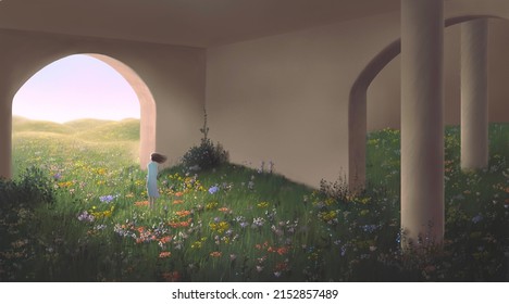 A lonely woman in a room of meadow. Concept idea of inspiration, summer, way, change, choice, happiness, hope, freedom, and life. surreal artwork. conceptual 3d illustration. mystery painting. - Powered by Shutterstock