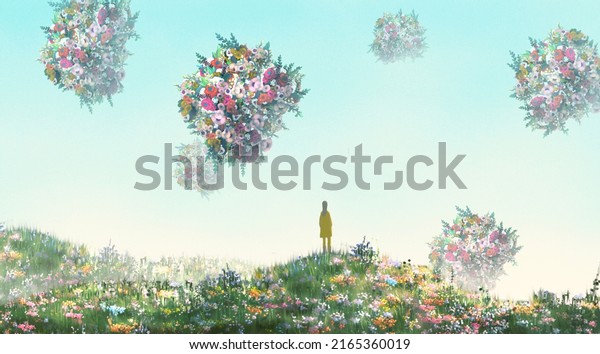 Lonely woman in surreal flower field. Fantasy nature landscape painting. Concept idea art of happiness, alone, loneliness, inspiration and motivation. 3d illustration. mystery artwork.