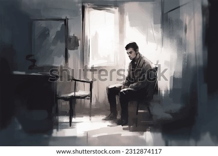 A lonely young man in a room, painted in watercolor on textured paper in gray-blue tones. Digital watercolor painting