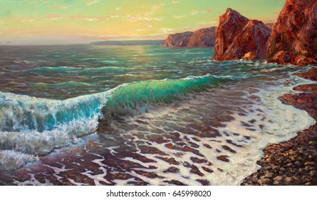 Long Beach Original Oil Painting On Canvas, Waves Crushing On The Rock Bay, Realism Painting Part Of Gallery Collection, Ocean View Amazing Horizon Landscape, Sunrise Rising On The Beautiful Beach