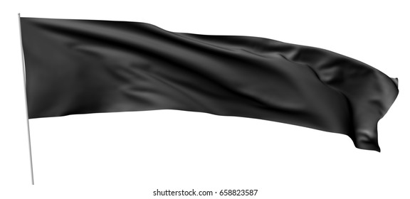 Long black flag with flagpole flying and waving in the wind isolated on white, 3d illustration