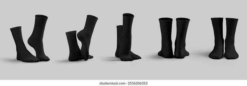 Long black socks mockup 3D rendering, diverse presentation of gaiters for feet, front, side, back view, for design, branding. Template of stylish clothes, isolated on background. Set wear for legs - Powered by Shutterstock