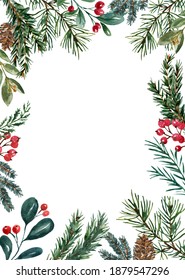 Long Border With Watercolor Hand Painted Winter Greenery, Pine, Fir Tree Branches, Branches And Red Berries On White Background. Christmas Holiday Frame. Card Template.