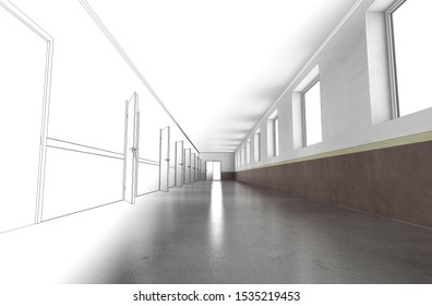 long corridor with doors, interior visualization, 3D illustration