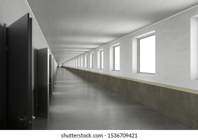 long corridor with doors, interior visualization, 3D illustration