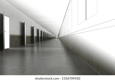 long corridor with doors, interior visualization, 3D illustration