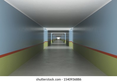 long corridor with doors, interior visualization, 3D illustration