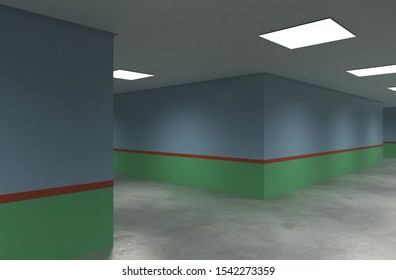 long corridor with doors, interior visualization, 3D illustration