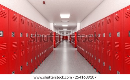 Long corridor red lockers empty high school 3d