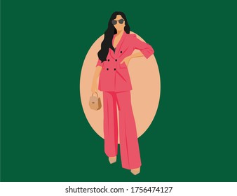 Long Curly Hair Woman Standing In A Pink Power Suit With A Handbag With Green Background