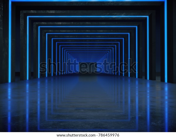 Long dark corridor interior with futuristic\
light. 3D rendering