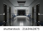 Long dark hospital corridor with rooms and blue seats 3D rendering. Empty accident and emergency interior with bright lights lighting the hall from the ceiling