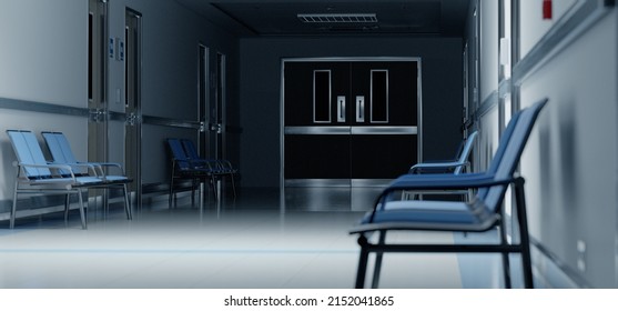 Long Dark Hospital Corridor With Rooms And Blue Seats 3D Rendering. Empty Accident And Emergency Interior With Bright Lights Lighting The Hall From The Ceiling