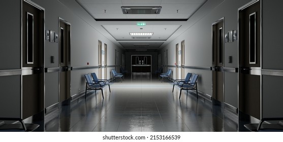 Long Dark Hospital Corridor With Rooms And Blue Seats 3D Rendering. Empty Accident And Emergency Interior With Bright Lights Lighting The Hall From The Ceiling