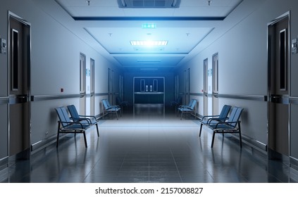 Long Dark Hospital Corridor With Rooms And Blue Seats 3D Rendering. Empty Accident And Emergency Interior With Bright Lights Lighting The Hall From The Ceiling