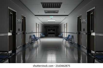 Long Dark Hospital Corridor With Rooms And Blue Seats 3D Rendering. Empty Accident And Emergency Interior With Bright Lights Lighting The Hall From The Ceiling