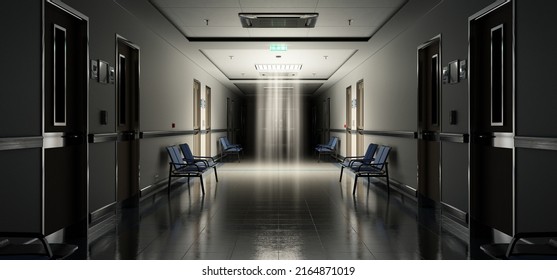 Long Dark Hospital Corridor With Rooms And Blue Seats 3D Rendering. Empty Accident And Emergency Interior With Bright Lights Lighting The Hall From The Ceiling