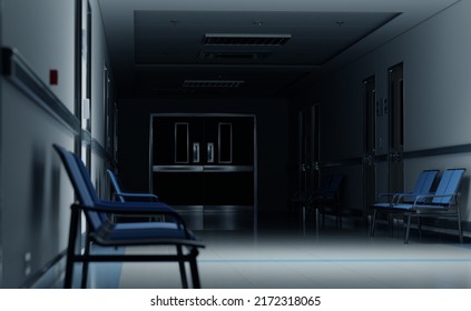 Long Dark Hospital Corridor With Rooms And Blue Seats 3D Rendering. Empty Accident And Emergency Interior With Bright Lights Lighting The Hall From The Ceiling