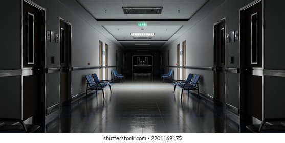 Long Dark Hospital Corridor With Rooms And Blue Seats 3D Rendering. Empty Accident And Emergency Interior With Bright Lights Lighting The Hall From The Ceiling