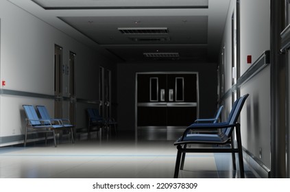 Long Dark Hospital Corridor With Rooms And Blue Seats 3D Rendering. Empty Accident And Emergency Interior With Bright Lights Lighting The Hall From The Ceiling