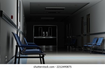 Long Dark Hospital Corridor With Rooms And Blue Seats 3D Rendering. Empty Accident And Emergency Interior With Bright Lights Lighting The Hall From The Ceiling