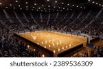 Long distance view on empty basketball court, sport arena, training field with crowdy stages, full of fans waiting favorite team. Concept of professional sport, basketball battle. 3D, render