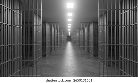 Long, empty corridor inside a prison, featuring rows of metal bars and solid doors, illuminated by harsh ceiling lights, evoking feelings of confinement and isolation