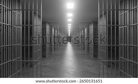 Long, empty corridor inside a prison, featuring rows of metal bars and solid doors, illuminated by harsh ceiling lights, evoking feelings of confinement and isolation