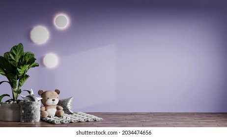 Long Empty Wall In Purple Lilac Color. Little Teddy Bear Toy And A Lot Of Pillows In The Children's Room. Round Lamps And A Large Green Home Plant In A Cozy Kids Room. 3d Rendering