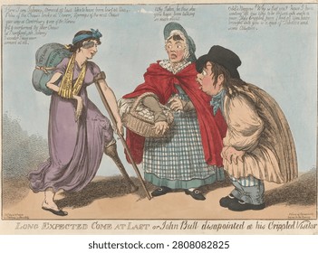Long Expected Come at Last or John Bull Disappointed at His Crippled Visitor. Realism artwork, vintage illustration.