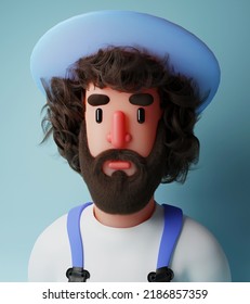 Long Hair Farmer 3d Character In Blue Hat And Smock