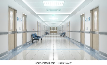 Lange Krankenhaus heller Korridor mit Zimmern und blauen Sitzen 3D Rendering