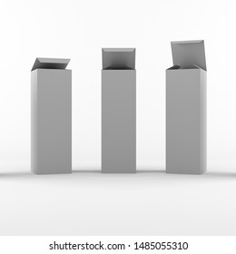  Long Identical Boxes Group , With Open And Closed Lids, 3d illustration