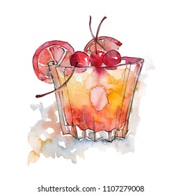 Long Island Bar Party Cocktail Drink. Nightclub Isolated Icon Sketch Drawing. Aquarelle Cocktail Drink Illustration For Background, Texture, Wrapper Pattern, Frame Or Border.