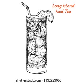 Long Island Iced Tea Cocktail Illustration. Alcoholic Cocktails Hand Drawn Illustration. Sketch Style. 