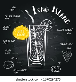 Long Island. Image of a cocktail and a set of ingredients for making a drink at the bar. Sketch on a black chalkboard - Powered by Shutterstock