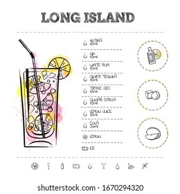 Long Island. Image of a cocktail and a set of ingredients for making a drink at the bar. Watercolor sketch on a white background - Powered by Shutterstock