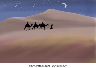 Long Journey Through The Desert In The Middle East By Using Camels In Accompaniment Is A Unique Experiences