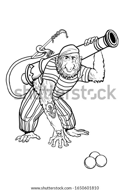 鼻の長い猿の海賊で 銃のカラーリングページを持つ アウトラインクリップアートのイラスト 猿と猿の海賊塗り紙 のイラスト素材