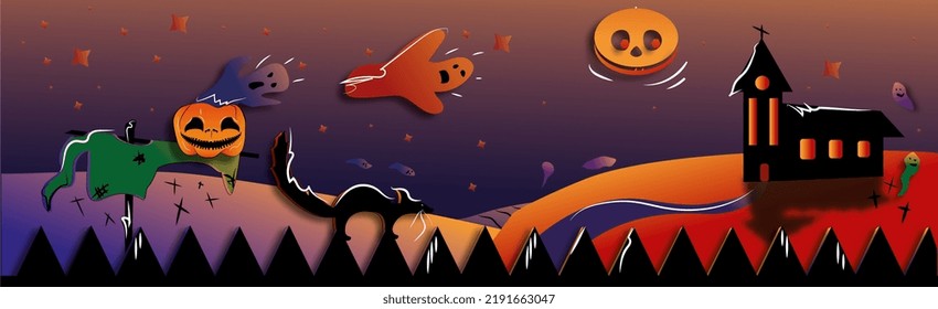 Long Picture On The Theme Of Halloween. Pumpkins, Ghosts And The Moon