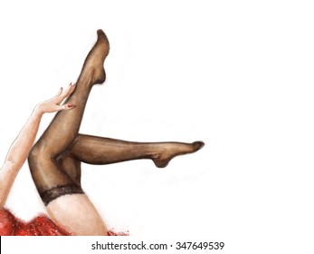 Long pretty woman legs wearing stockings, isolated on white. Advertising or Pin up poster. 