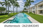 A long, pristine pool sits beside a luxurious waterfront home, lined with palm trees. Boats are visible on the calm water in the background. The scene is sunny and idyllic.