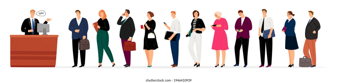 Long Queue. People With Gadgets, Documents And Coffee In Waiting Line. Secretary, Receptionist And Businesspeople Illustration