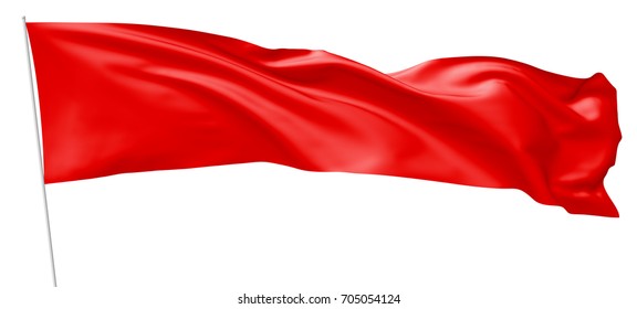 Long Red Flag On Flagpole Flying And Waving In The Wind Isolated On White, 3d Illustration.