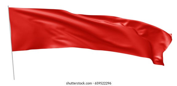 Long Red Flag Vith Flagpole Flying And Waving In The Wind Isolated On White, 3d Illustration